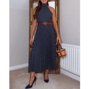NWT Zara Woman Size M Polka Dot Midi Halter Dress with Belt Navy Blue / White